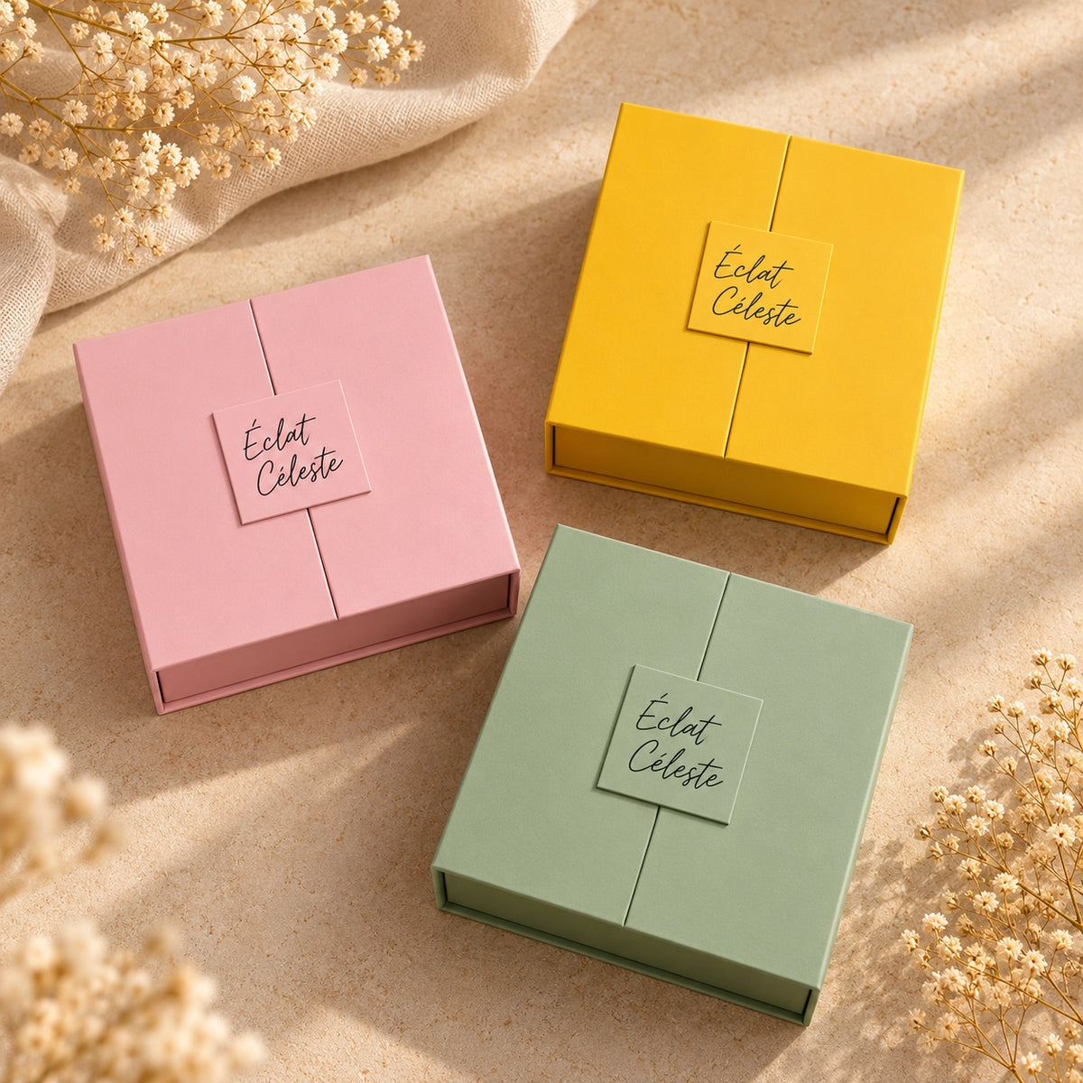 Coffrets rituels bien-être Éclat Céleste – Renaissance rose, Harmonie vert et Expansion jaune