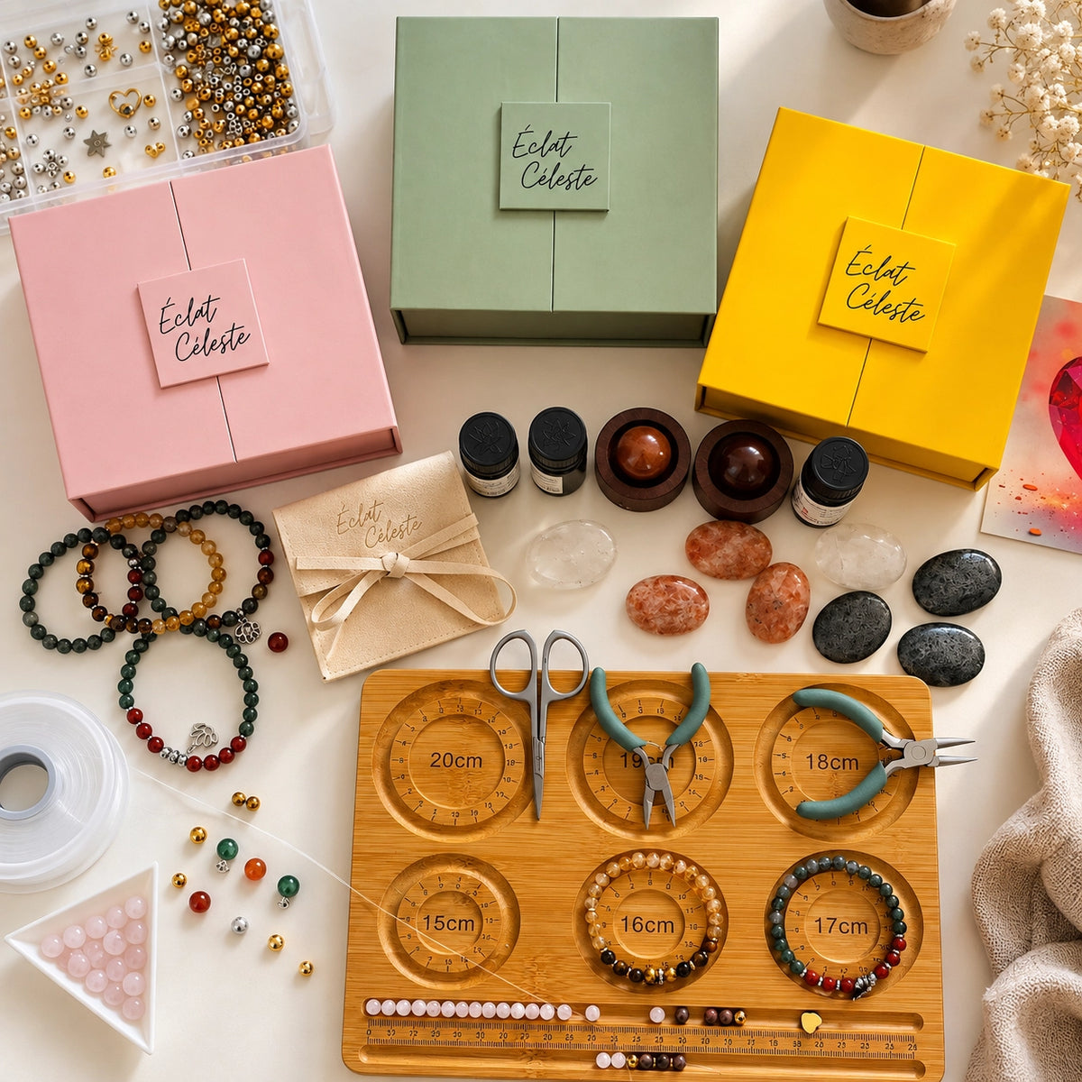 Conception des coffrets Éclat Céleste – assemblage artisanal des bracelets en pierres naturelles et préparation des rituels bien-être