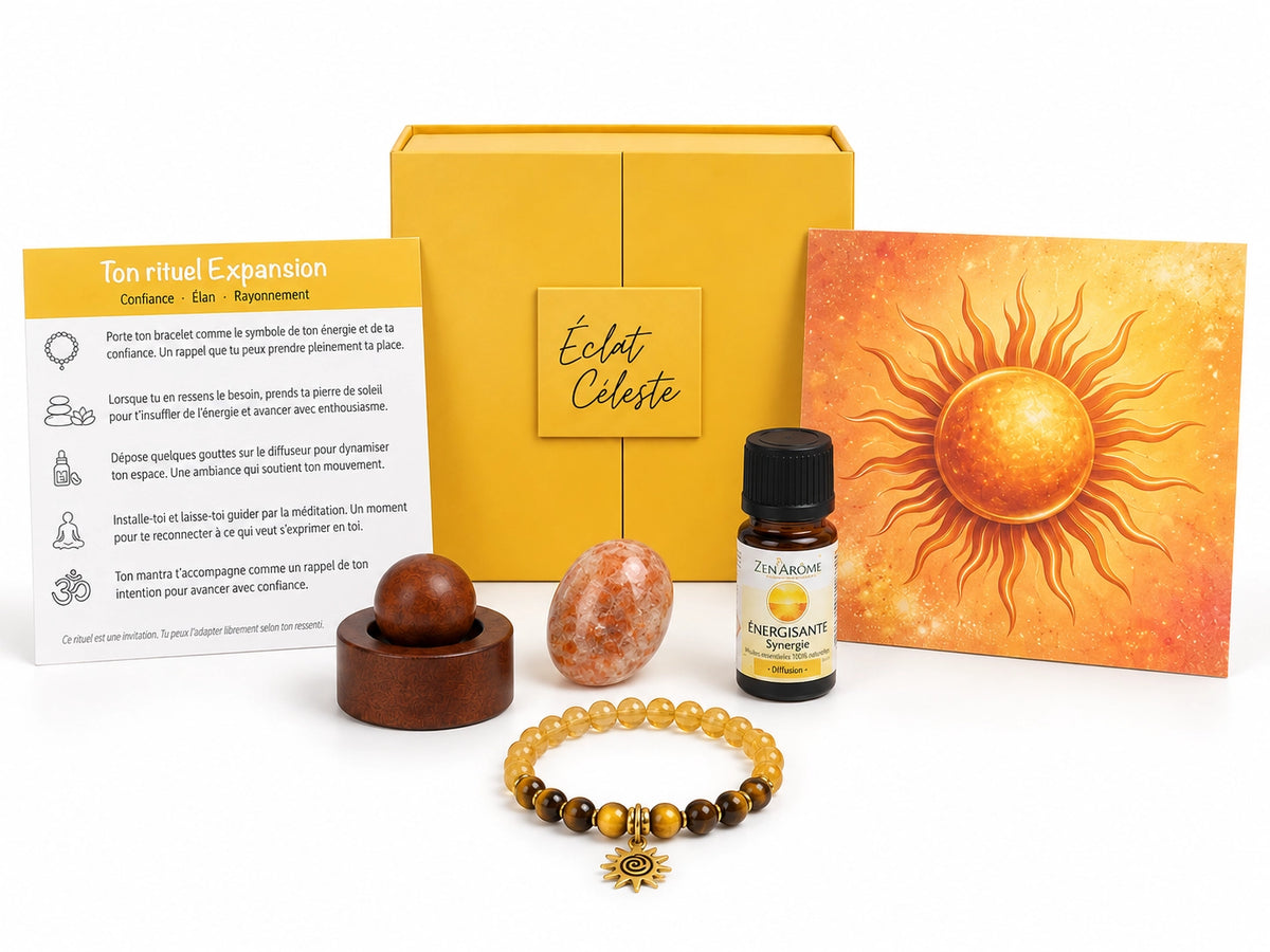 Coffret Expansion Éclat Céleste – rituel bien-être avec bracelet citrine et œil de tigre, pierre de soleil, huiles essentielles et mantra