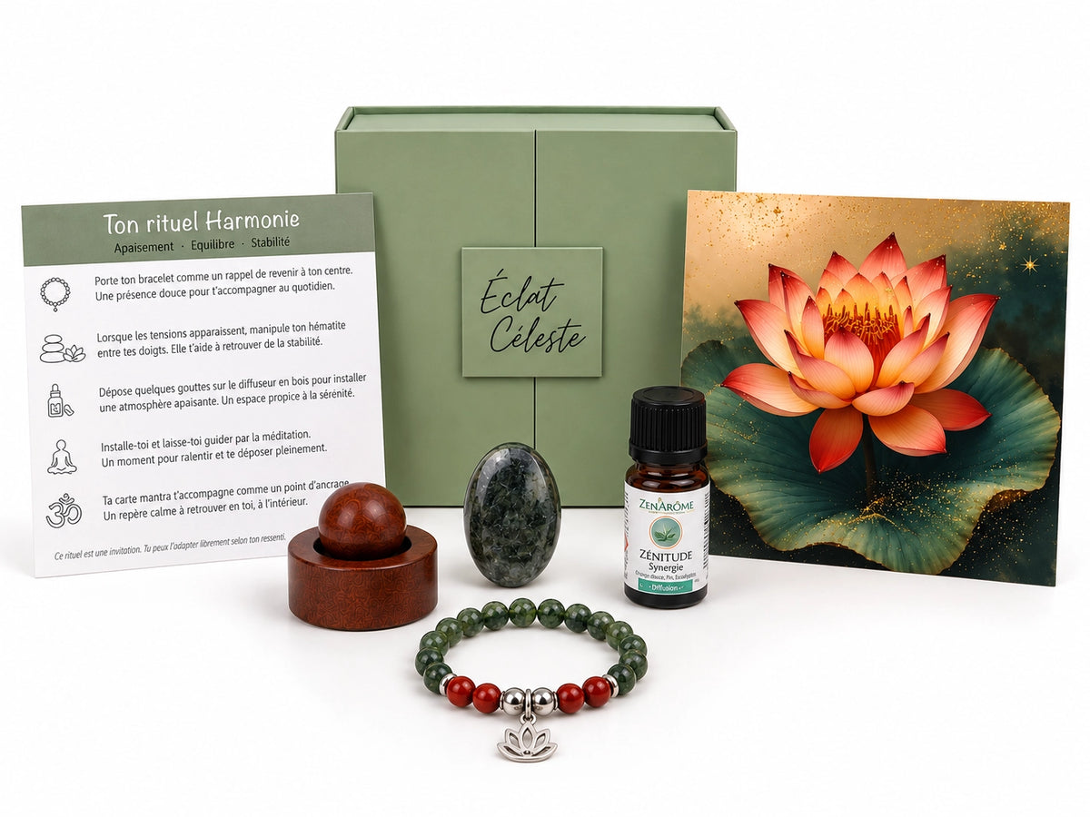Coffret Harmonie Éclat Céleste – rituel bien-être avec bracelet agate mousse et jaspe rouge, hématite, huiles essentielles et mantra
