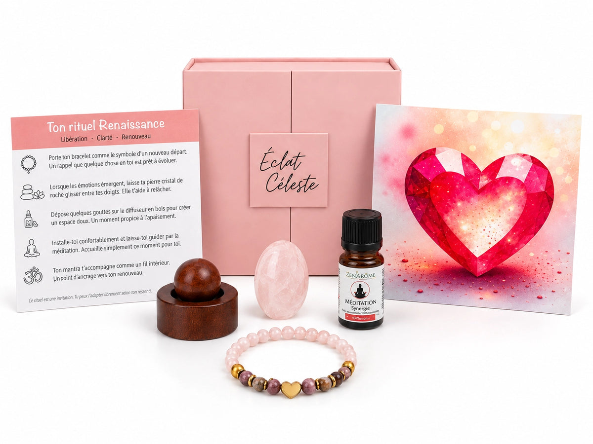Coffret Renaissance Éclat Céleste – rituel bien-être avec bracelet quartz rose et rhodonite, cristal de roche, huiles essentielles et mantra