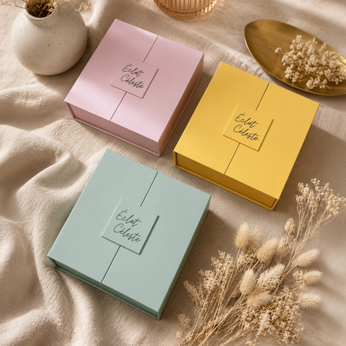 La Trilogie Éclat Céleste - trois coffrets rose, jaune et vert