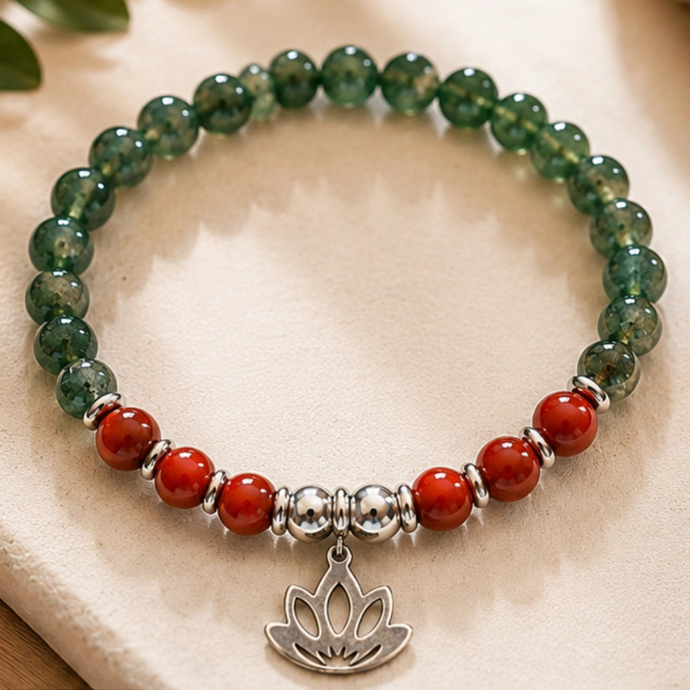 Bracelet Harmonie Éclat Céleste – perles agate mousse et jaspe rouge naturels, pendentif lotus en acier argenté